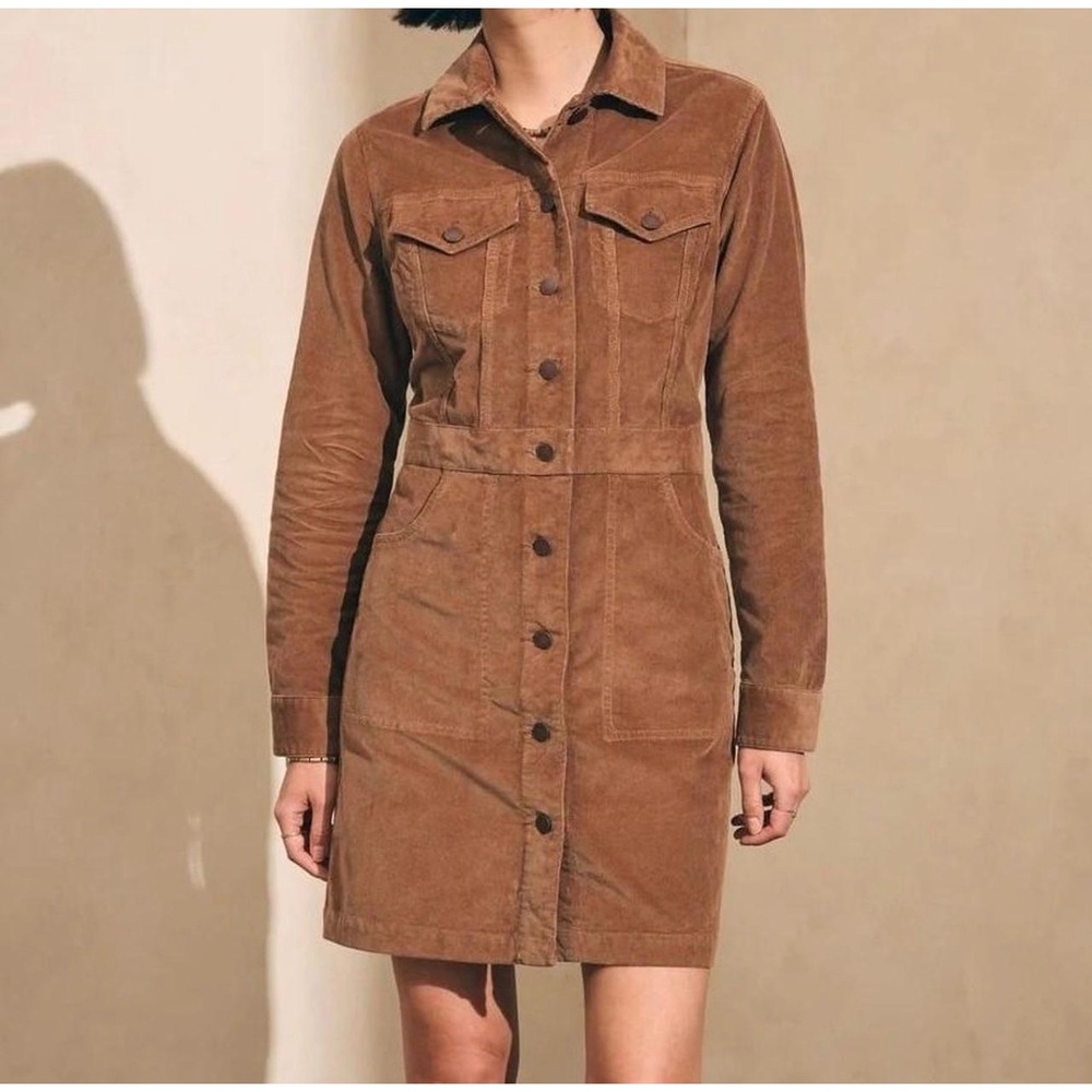 Faherty Softstretch Cord Michelle Dress Button Up Shirtdress Brown Long Sleeve L